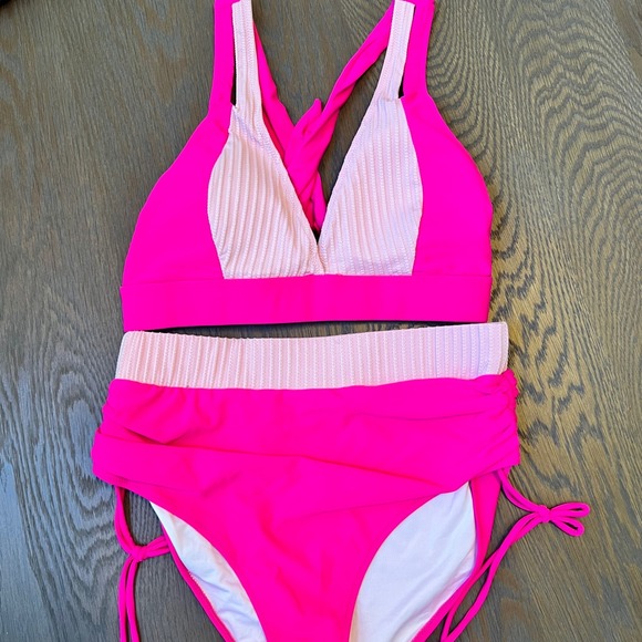 Hot Pink Bikini Swimsuit High Waist Two Piece Bathing Suit Ruched - Picture 1 of 3